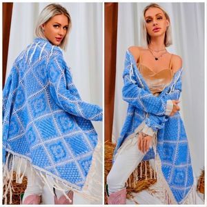 NWT! BOHO ARGYLE PATTERN LIGHT BLUE DROP SHOULDER FRINGE HEM OPEN FRONT CARDIGAN